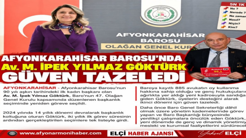 Afyonkarahisar Barosu'nda Av. M. İpek Yılmaz Göktürk Güven Tazeledi   