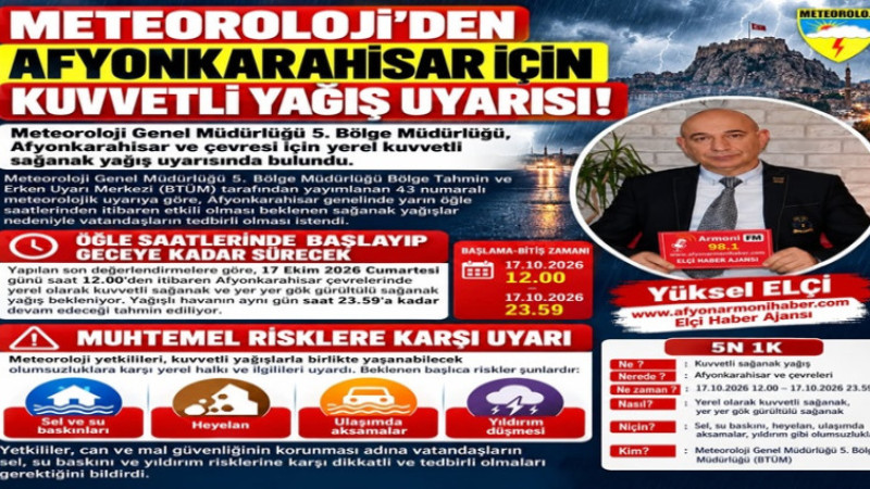 Meteoroloji'den Afyonkarahisar'a Kuvvetli Yağış Uyarısı