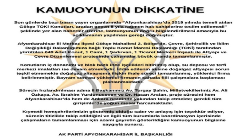 AK Parti İl Başkanlığı, Gökçe TOKİ konutları hakkında açıklama yaptı